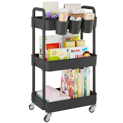 Image of UDEAR 3-Tier Rolling Utility Cart,Multifunctional Storage Shelves with Handle and Lockable Wheels for Room,Office,Kitchen,Bathroom,with 3 Hanging Cups,Black