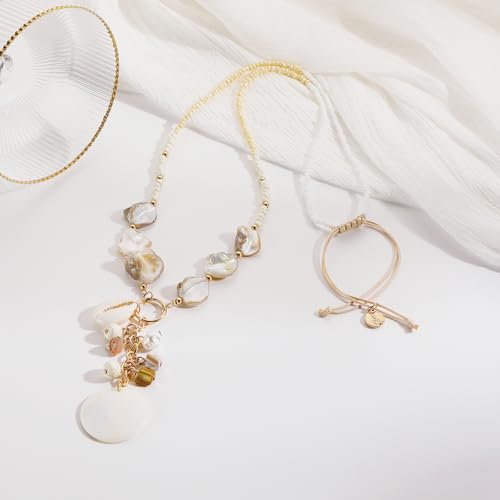 Image of Coiris Natural Seashell Choker Necklaces Earrings Jewelry Set for Women Starfish Shell Freshwater Pearl Collar Necklaces for Women Irregular Mother of Pearl Jewelry Set