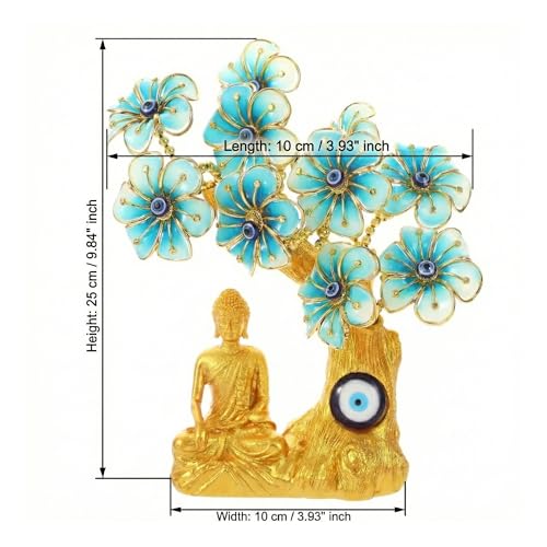 Image of eCraftIndia Tree of Life with Buddha Idol Flowers | Evil Eye Tree Showpiece (Sky Blue, Gold) Feng Shui Items for Good Luck Positive Energy Vastu Shelf Living Room Home Decor Gift for Housewarming