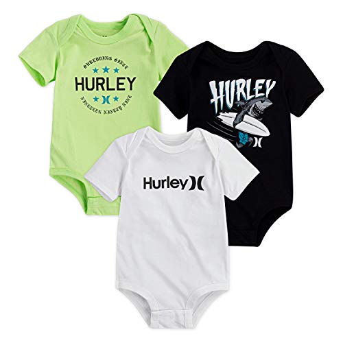 Hurley Baby Graphic Bodysuit Three Piece Set, Black/White/Green, 3M