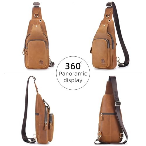 Image of Mens Sling Bag Genuine Leather Crossbody Bags for Men Small Sling Chest Backpack Casual Man Bag Hiking Outdoor, Brown