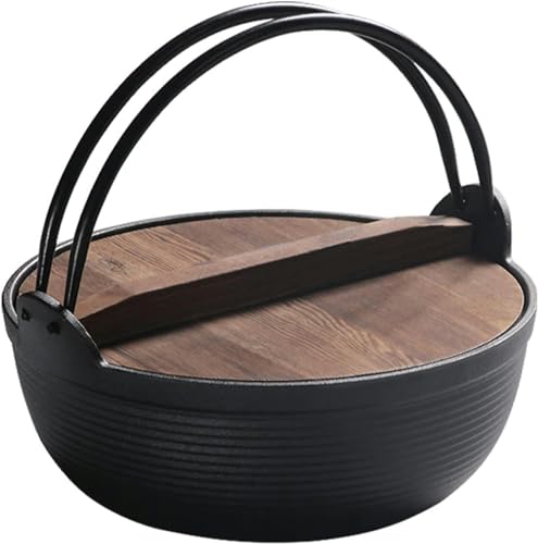 Olla Caliente de Hierro Fundido de Estilo japonés, Olla Shabu de Olla Caliente Sukiyaki Nabe Individual con Tapa de Madera para Fideos, Ramen, Sopa, guisos