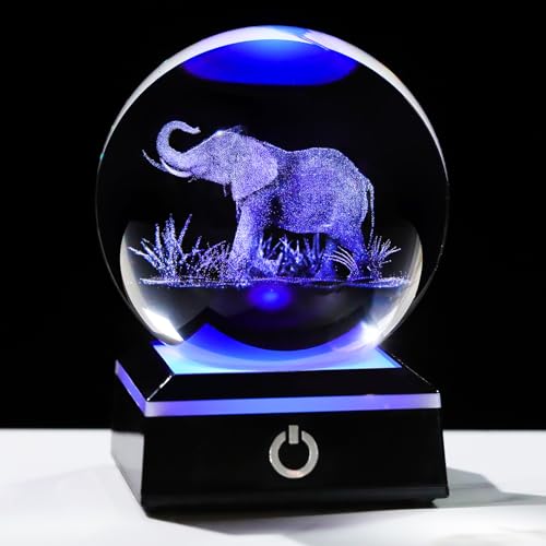 Image of Arikyrist 3D Crystal Ball Elephant Figurine with Colorful Light Base, Laser Elephant Gifts for Women Men, Glass Elephants Statue Decorative Ball for Home Office (80mm)