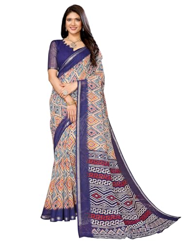 Sari indien en lin bleu marine avec chemisier non cousu KULIA