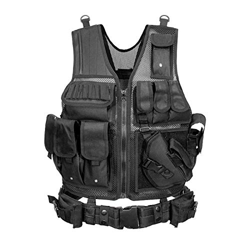 YUNLONG Tactical Vest Airsoft 600D Cordura Fabric Detachable Pistol Holster for Adult Adjustable Lightweight Breathable Training Combat Vest (Black)