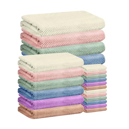 SENONAPO 24 Pcs Towels Set 6 Bath Sheets 6 Washcloths and 12 Hand Towels, Reusable Absorbent Quick Dry Colorful Coral Velvet Towel for Shower Bath Spa Hotel Bathroom Supplies (Multicolor)