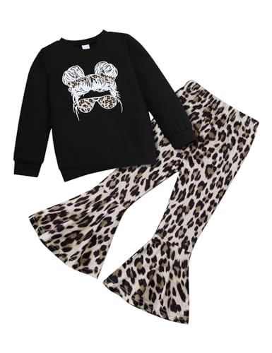 Image of KIDLAGA Toddler Girl Clothes Figure Graphic Drop Shoulder Top Pullover Leopard Print Flared Pants Fall Winter Outfit Set