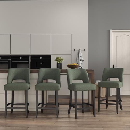 Image of VKNOW Bar Stools Set of 4, 26 inch Upholstered Counter Height Bar Stools | Modern Counter Stools with Black Rubberwood Legs for Kitchen Island Dining Room Bar, Green-Black Legs