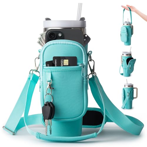 Image of linmaya Water Bottle Carrier Bag with Phone Pocket for Stanley Cup 40 /30oz,Insulated Neoprene Water Bottle Holder Cross-boday Bag with Adjustable Shoulder & Handheld Strap Stanley Cup Accessories