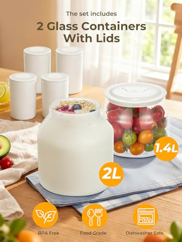 FOHERE Joghurtbereiter, Joghurt inkl. 2 XXL Glasbehälter 2000 ml und 1400 ml, 4 Keramik Portionsbecher à 125 ml, 8 Voreingestellte Programme, Maker für Griechischer Joghurt, Käse, Natto, Reiswein