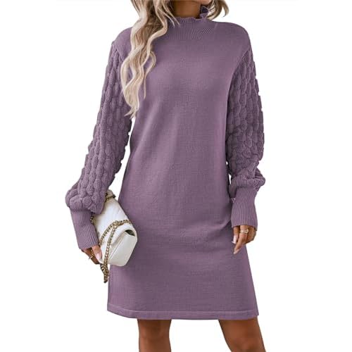 Pink Queen Women's Long Sleeve Sweater Mini Dress Casual Loose Mock Neck Empire Waist Cocktail Party Knit Short Dresses Medium Lavender Purple