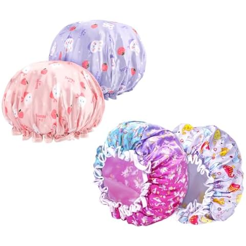 FirstKitchen Shower Cap for Kids, 4PCS Toddler Shower Cap(2-8years), Purple Dolphin, Cat and Unicorn Shower Cap, Double Layer Waterproof Shower Cap, Reusable, Cute Kids Shower Caps for Girl and Boy Cover