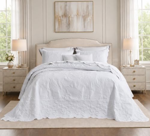 Image of HZ & HY Oversized Alaskan King Bedspreads 138x122, Stitched Paisley, White