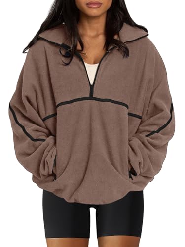 LASLULU Womens Half Zip Pullover Sweatshirt Sherpa Fleece Jacket Oversized Sweatshirts Warm Fuzzy Sweaters Pockets