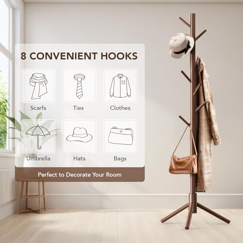 image for Hupmad Wooden Tree Coat Rack Stand,Sturdy Freestanding Coat Rack with 