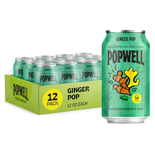 Image of Popwell Ginger Pop Better-For-You Prebiotic Soda, with 6g Fiber, 1g Sugar, Vitamins and Immunity Support, 12 fl oz Cans (pack of 12)
