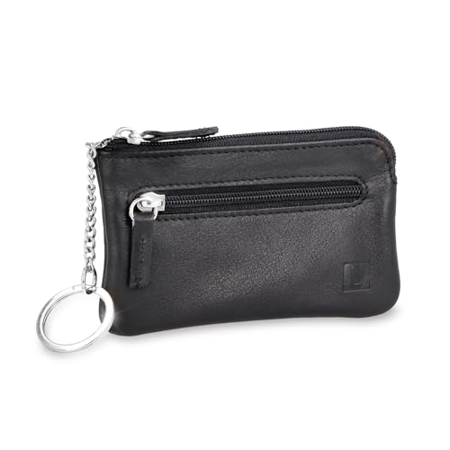 LEDEROW Schlüsseltasche mit 2 separaten Reißverschlussfächern aus echtem Leder in Schwarz für Damen und Herren, kompaktes Schlüsseletui für Schlüssel und Autoschlüssel