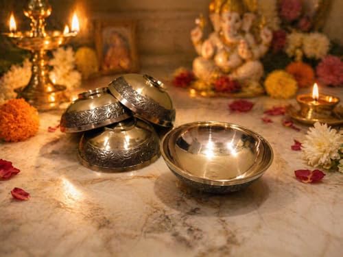 Image of Narayan Product Pure Brass Katori for Pooja | Small Multipurpose Prasadam Bowls for Pooja | Pooja Items Peetal Bowl (Set of 4) | Pital Diya Roli Chawal Kumkum Cups for Puja (7.5 CM)