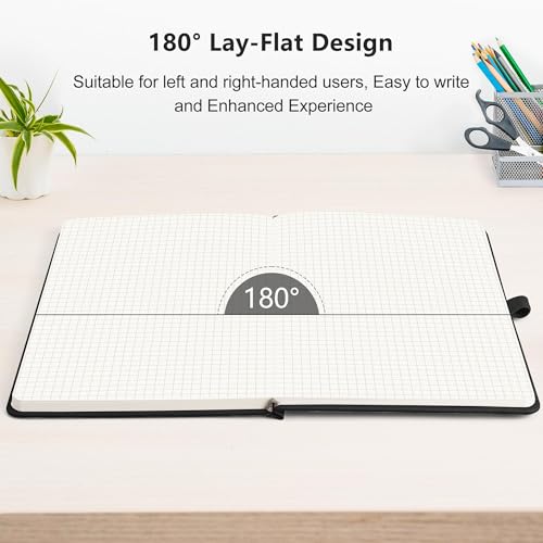 Image of RETTACY Graph Grid Paper Notebook, 192 Pages, A5 Size (5.7'' x 8.3'') | 5 Squares per Inch, Leather Hardcover, 100 GSM Thick Paper, for School, Students, Math, Engineering (Black)