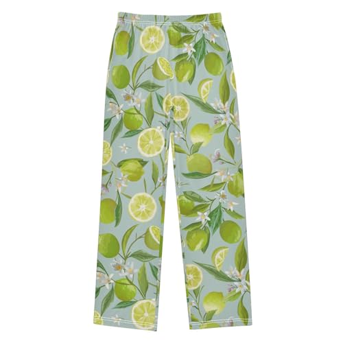 Lime Florals Boys Long Pants Soft Trousers Elastic Waist Kids Lounge Bottoms with Pockets S-XL