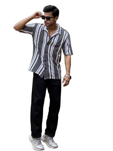 Image of Maniac Mens Striped Collar Neck Half Sleeve Jacquard Oversized Shirt