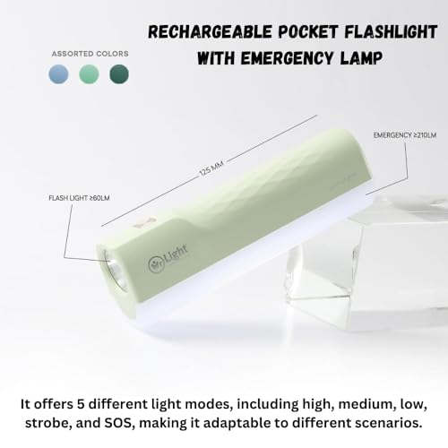 Image of Mr. Light Torch Rechargeable with Emergency Light, 210 Lumens, 800mAh Battery, USB Type-C Charging, 5 Modes Dimmable, Mini Portable Flashlight for Daily Use(Light Blue)