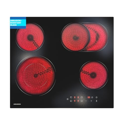 AURAKICH Placa de Vitrocerámica 4 Fuegos, Placa Integrable Antirrayas, 2 Años Garantía, 59cm, 6600W Táctil, Doble Anillo+Zona Oval, Temporizador 1-99', Bloqueo Infantil, para Todas las Ollas