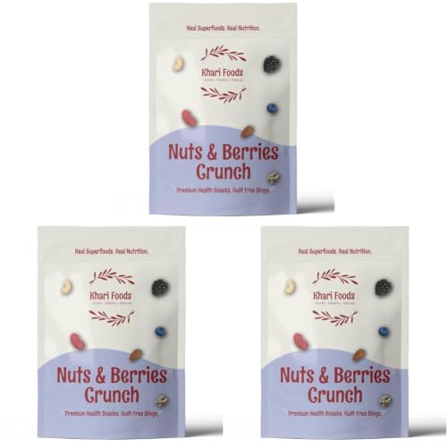 Image of Khari Foods Nuts Berries Snack Trail Mix, 6 in 1 Mix of Almonds, Cashews, Pumpkin Seeds, Dried Cranberries, Blueberries, Black Raisins, High Energy Dry Fruit Snacks, No Palm Oil (100g) (Pack of 3)