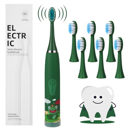 Vicloon Cepillo de Dientes Eléctrico Recargable 4 Modos de Limpieza Cepillo Electrico Infantil para Niños 3 8 Cepillo de Dientes Sónico para Bebés con 6 Cabezales de Alto, Impermeable IPX6, Verde