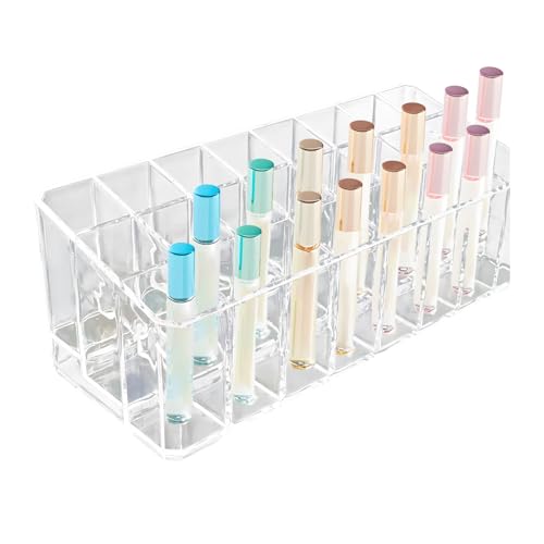 Klmnop Rollerball Perfume Organizer, 24 Space Beauty Scent Holder, Clear Perfume Storage Holder for Makeup Lipgloss Lipstick(Clear)