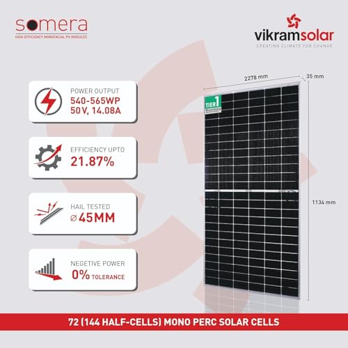 Image of Vikram Solar 555 Watt DCR Solar Panel for Homes, Eligible for Govt Subsidies|SOMERA High Efficiency Monofacial PV Solar Module|144 Half-Cut Cells|50.4V Voc, 13.8A Isc|27 Years Warranty|Pack of 2~1.1KW