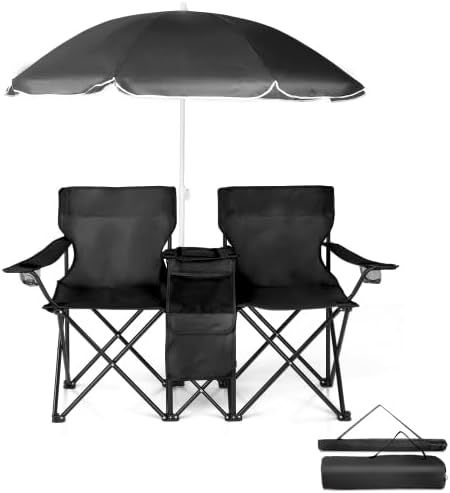 VINGLI Beach Chair with Umbrella for Adults, Double Camping Chair with Canopy & Cooler Fold-Up Table, Carrying Bag, Folding Chair for Outdoor (Black)