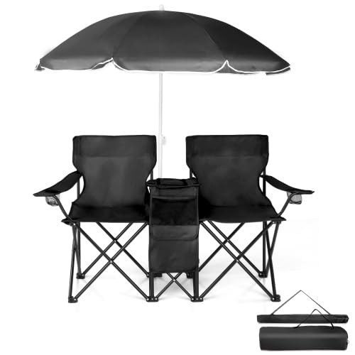 GODECOR Camping Chairs, Folding Double Chair with Removable Umbrella, Cup Holders, Cooler Bag, Side Pocket & Carry Bag, for Beach, Outdoor, Sports,