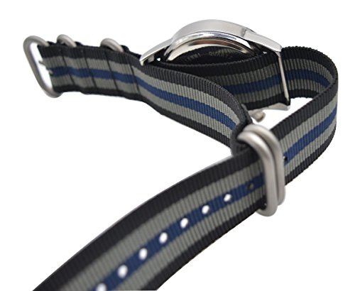 Artstyle Watch Band With Colorful Nylon Material Strap And Heavy Duty Brushed Buckle (Black/Grey/Blue, 18Mm) #TOP4
