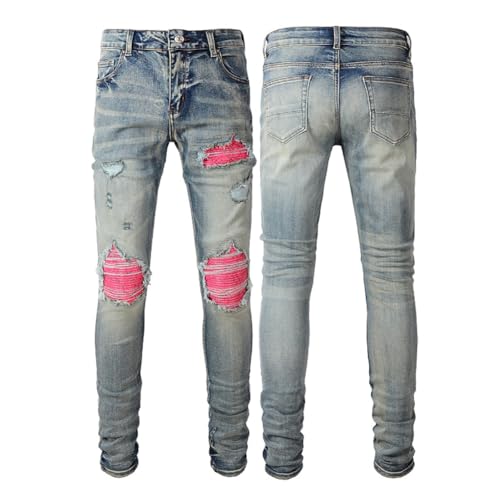Mens Pink Knee Patchwork Ripped Jeans Skinny Pants Stretch Slim Fit Distressed Trousers