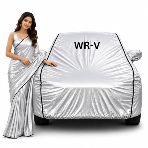 Image of 100% Waterproof Car Cover for WR-V All Weather Protection with Mirror Pocket Inner Cotton Layer Triple Stitched Cover with Adjustable Belt Bottom Elastic to Secure Fit-Silver