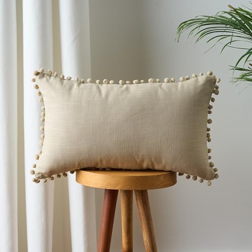 Image of 100% Cotton Pom Pom Cushion with Filler, Elegant & Modern Cushion Cover for Living Room, Rectangle, 12 inchx20 inch, uni slub, Set of 4 - Beige