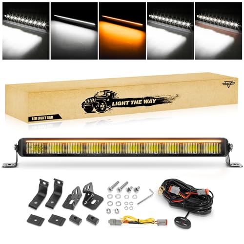 Auxbeam 22 Inch LED Light Bar, 114W Slim Single Row Anti-Glare Lightbar Driving Combo Beam with White&Amber DRL, 12440LM Super Bright Offroad Fog Work Lights with Side&Bottom Bracket 22 Inch