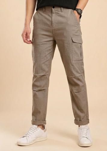 Image of Vogaan Men Cotton Linen Blend Cargo Pants | Mid Rise Regular Fit Casual Trousers | Multi Pocket Utility Bottom Wear | Comfortable Breathable Fabric Travel Outdoor Styling