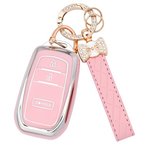 for Toyota Key fob Cover 3 Buttons Soft TPU Key Fob Case for 2022-2025 Toyota 4runner Prius Corolla Cross Hatchback Tundra Sequoia LE XLE Car Key Cover with Bling Keychain (Pink)