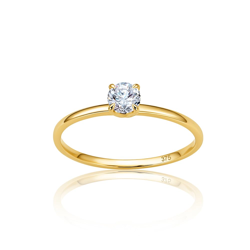OROVI Joyería para mujer, anillos de compromiso de oro amarillo 375 de 9 quilates y oro blanco con circonita cúbica solitaria, apilables, hechos a mano, hipoalergénicos, se entregan en caja de joyería