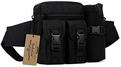 ArcEnCiel Tactical Waist Bag Waterproof Bum Bag Military Waist Utility Belt Water Bottle Pouch Pack for Trekking Hiking Walking Bike Cycling Climbing (Black)