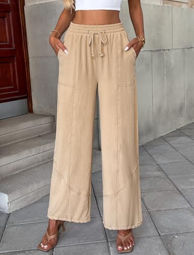 Bsubseach Women's Wide Leg Pants Drawstring High Waist Baggy Palazzo Pants Casual Lounge Trousers with Pockets2