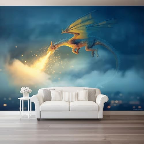 Papel pintado Dragón, 200 x 140 cm Estilo De Dibujos Animados De Fantasía Papel tapiz fotográfico personalizado no tejido para sala de estar y habitación infantil, Amarillo Azul