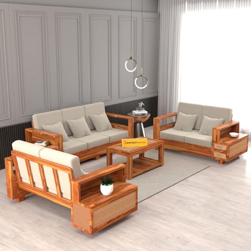 Image of Sheesham Wood 7 Seater Sofa Set with 2 Drawer Storage | 3+2+2 Wooden Sofa Set Furniture for Living Room Home Office (Natural Cane,Honey Finish)