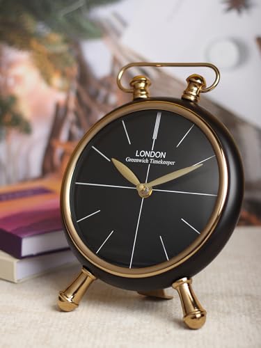 Image of Decor de Maison Brings Handcrafted Essence Desk Timepiece Table Clock for Living Room, Bedroom, Study Table | Classic Non-Ticking Tabletop Battery Operated Analog Desk Clock in Black (17x7x24cm)