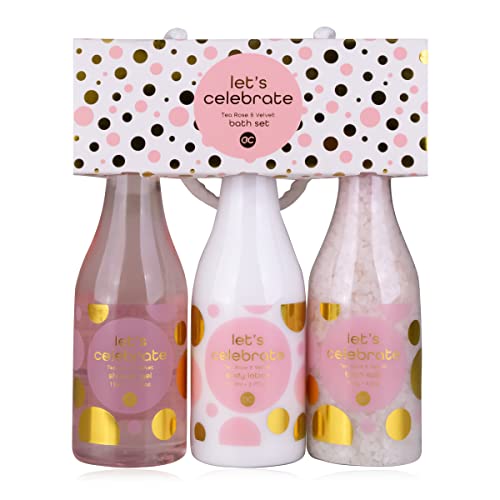 accentra - Let's celebrate Geschenkset Frauen in Plastik Sekt-Fläschchen - Bade- & Duschset mit Tea Rose & Velvet inkl. Duschgel, Bodylotion & Badesalz - 3-Teiliges Wellness Set für Damen & Mädchen – Bild 3