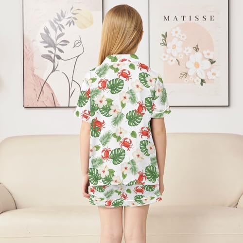 Satin Pajama Sets Short Sleeve Tropical Crab Flowers Pattern Button Down Silky Nightwear 2 Piece PJS 5-14Y4