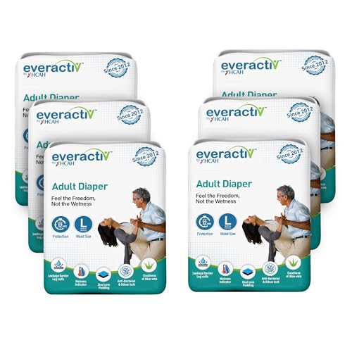 Image of EverActiv Adult Diaper - Wetness Indicator with Aloe Vera | Large (Waist 38-54 inches) - 60 Units (Pack of 6 x 10 Units) | Unisex (L, 60)