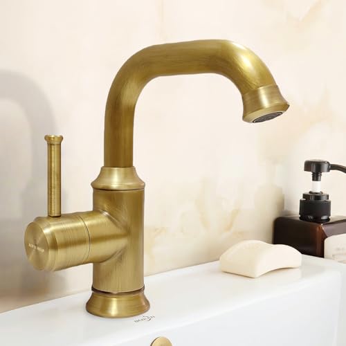 KOPYFANTAP Wasserhahn Bad Antik Messing, Retro 360° Schwenkbar Waschtischarmatur,Einhebel Mischbatterie Waschbecken mit 2 Stück Anschlussschlauch G3/8 für Badezimmer